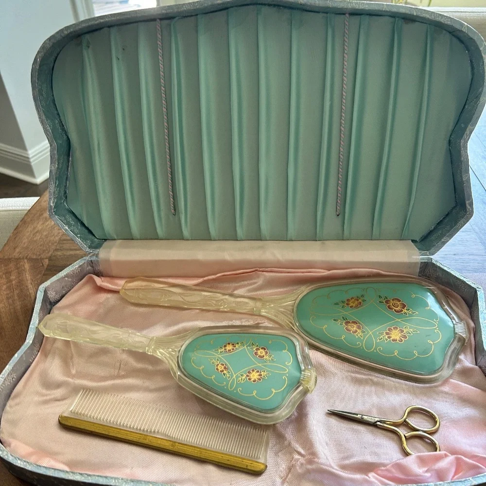 Vintage Green and Pink Vanity Mirror & Brush Set In Blue Fabric Covered Case